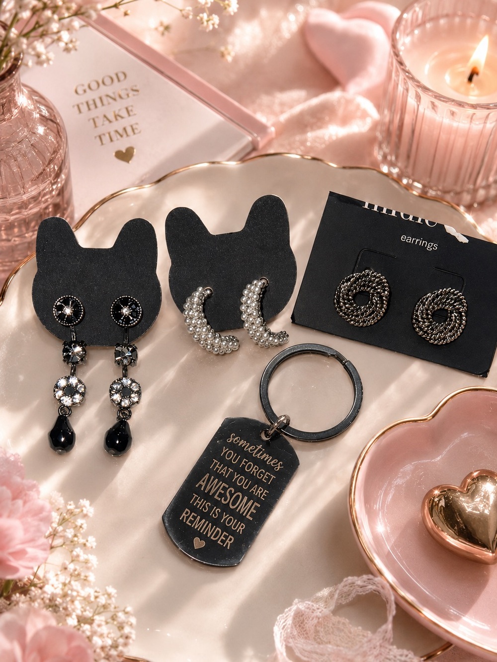Mixed Black & Silver Statement Earrings + Inspirational Keychain Set